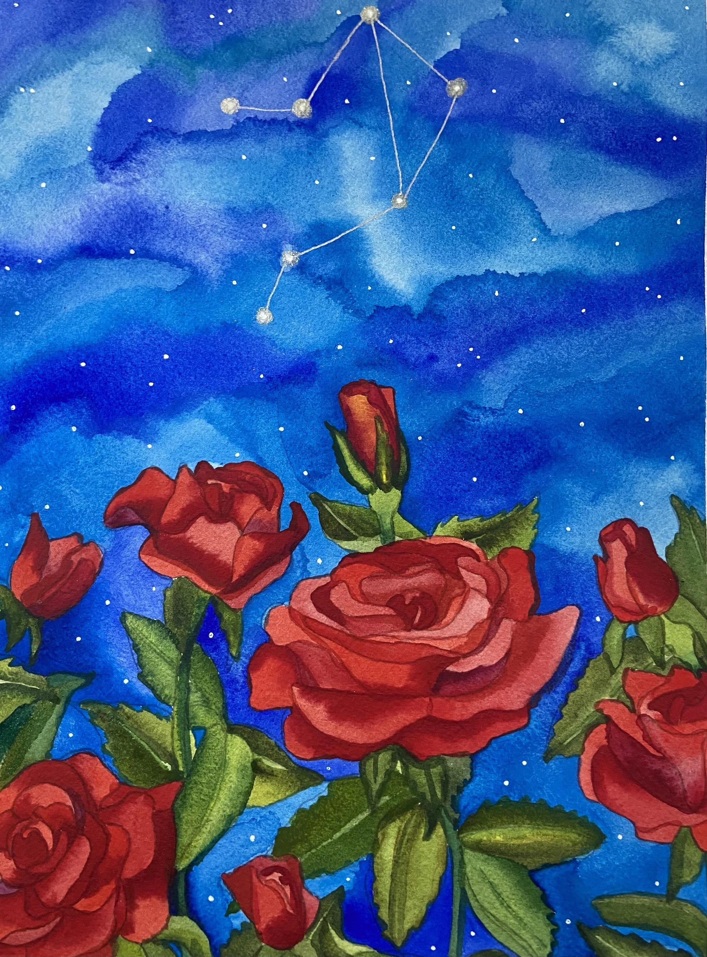 Libra at Night, 10"x14" Watercolor and Silver Filigree, Original Available.  