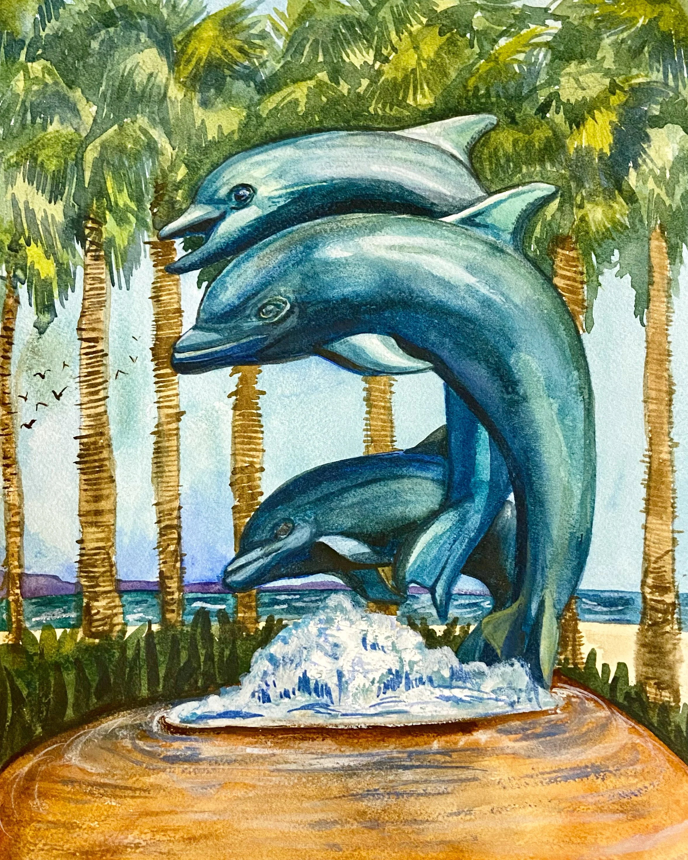 The Dolphin Family Fountain, 11"x14"Original Watercolor Artwork