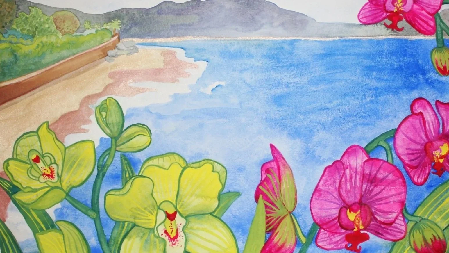 Colorful watercolor painting of a beach scene with pink and yellow orchids in the foreground, sandy beach, blue ocean, and distant mountains.