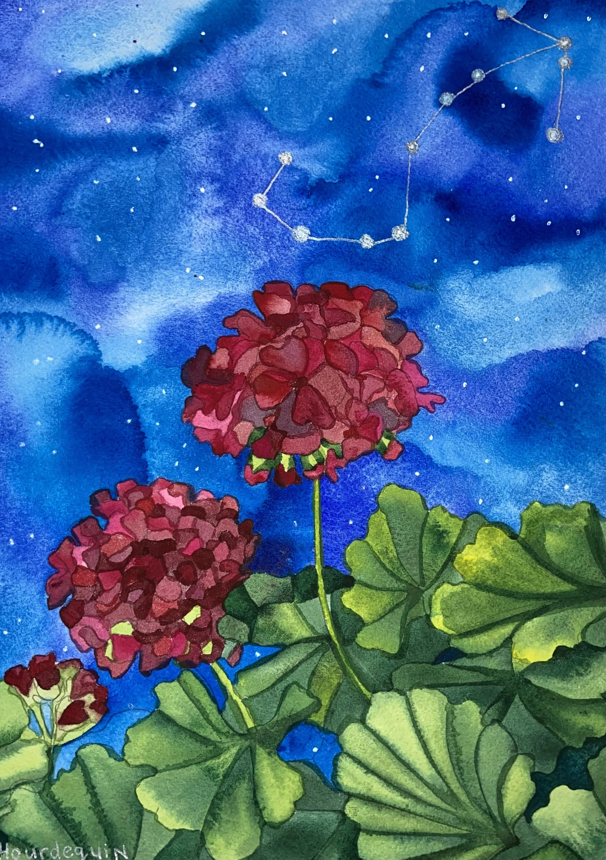 Scorpio at Night, 10"x14" Watercolor and Silver Filigree, Original Available.  