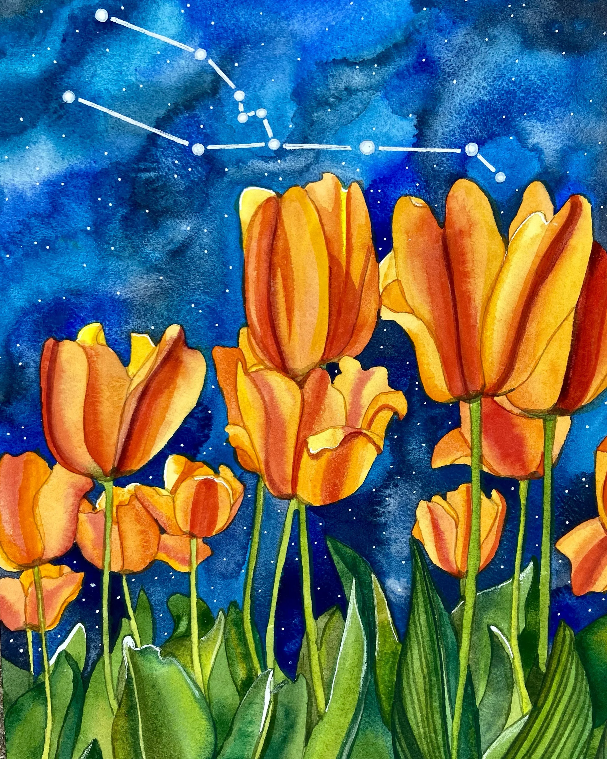 Taurus at Night, 10"x14" Watercolor and Silver Filigree, Original Available.  