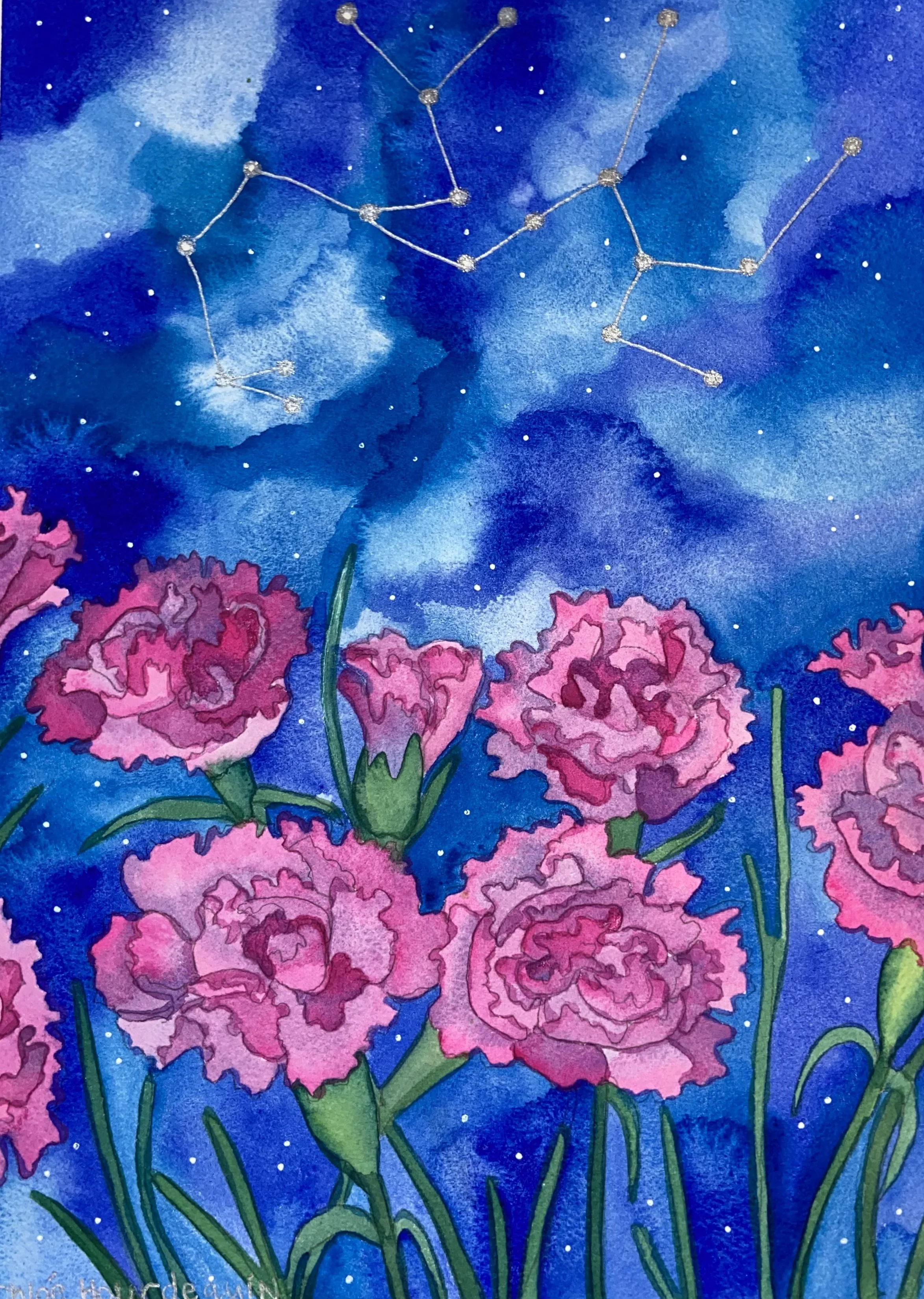 Sagittarius at Night, 10"x14" Watercolor and Silver Filigree, Original Available.  