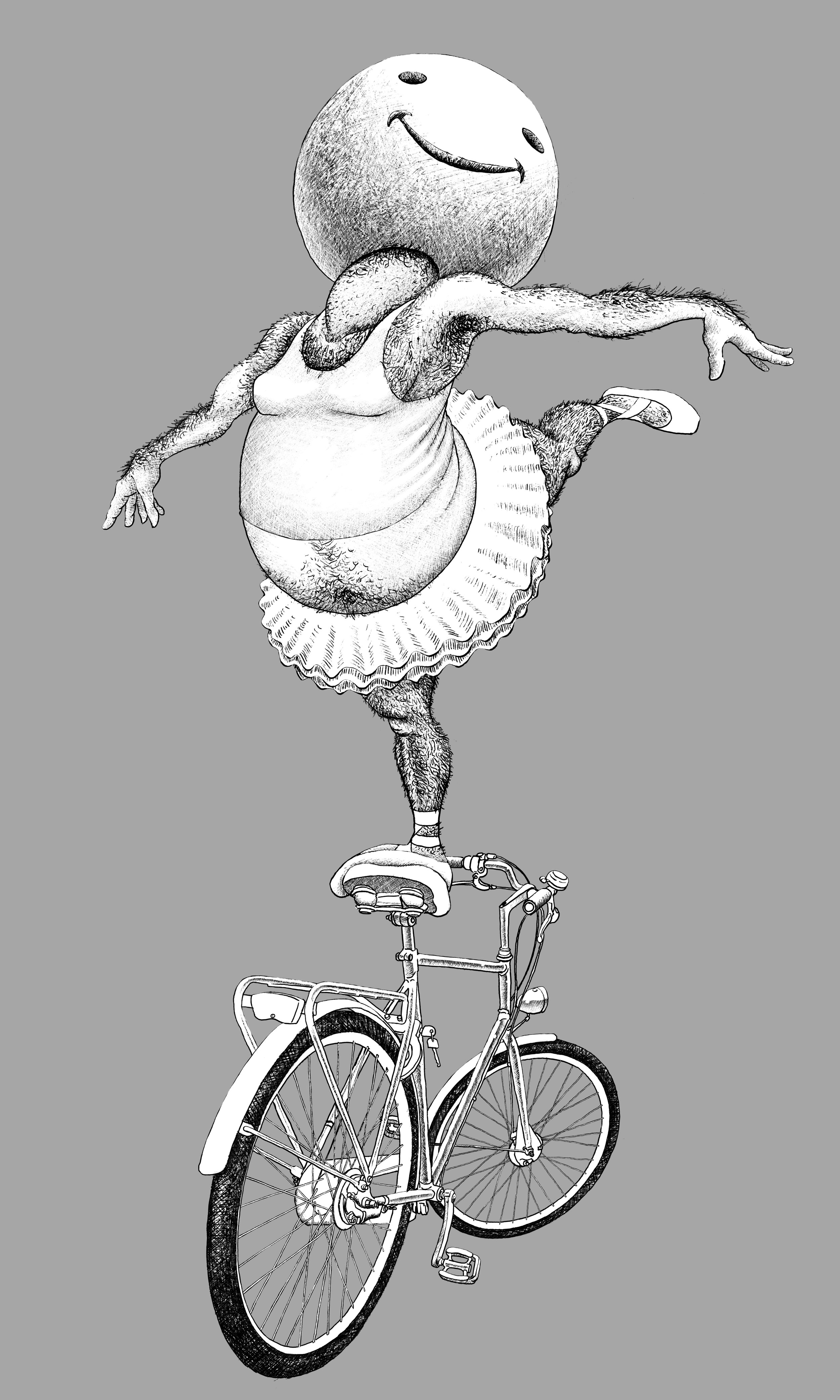 A surreal drawing of an anthropomorphic animal with a smiling face for a head, a fish body, and human arms and legs, riding a bicycle.