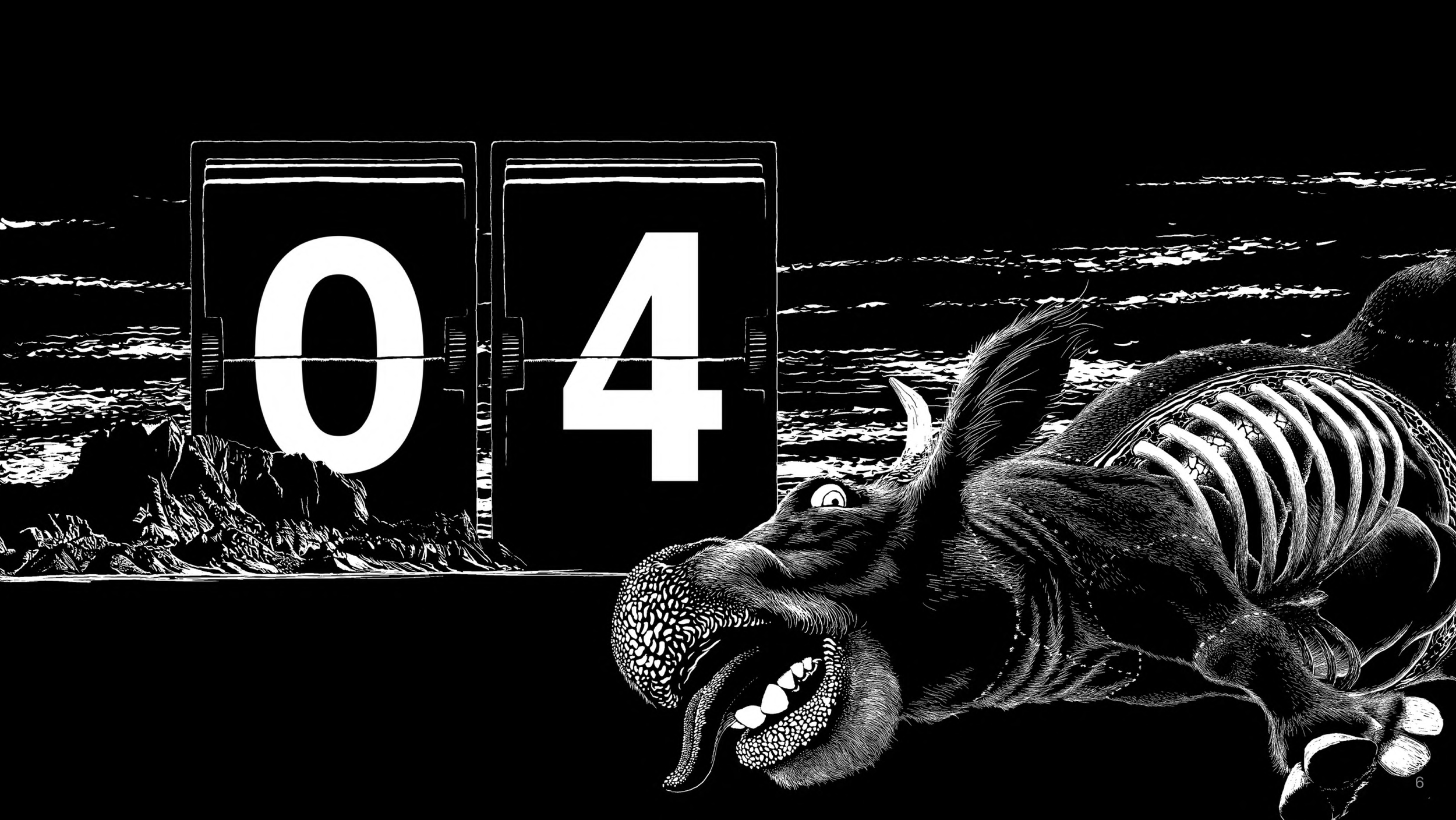 A black and white illustration of a cow, an open-mouthed cow head, mountainous landscape, and an analog flip clock against a dark background.