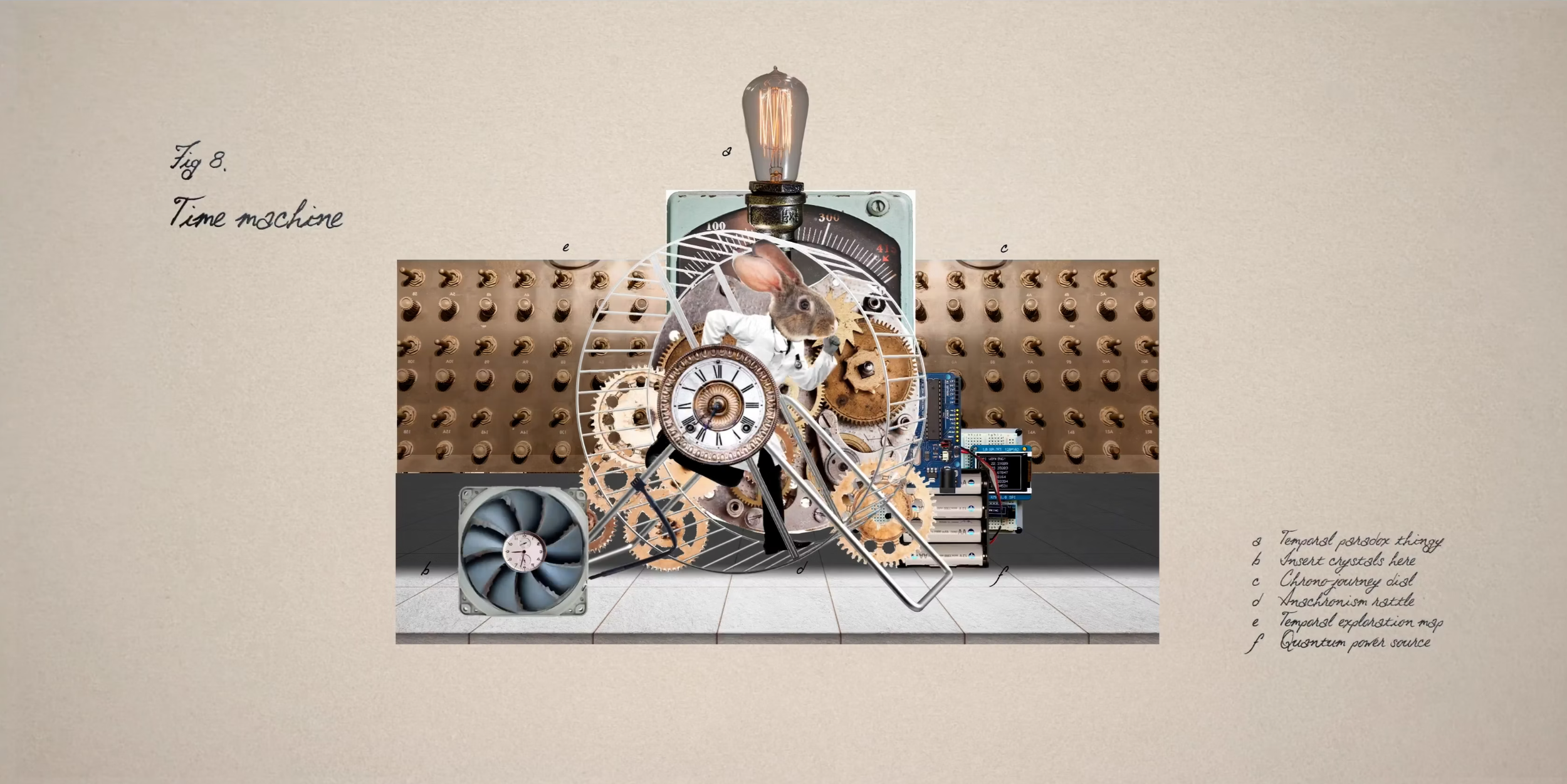 An illustration of a complex time machine with gears, circuit boards, and a rabbit wearing a lab coat in front of a clock face. The background has a beige wall with handwritten labels and descriptions of various parts of the apparatus, such as a timer exploration map and quantum power source.