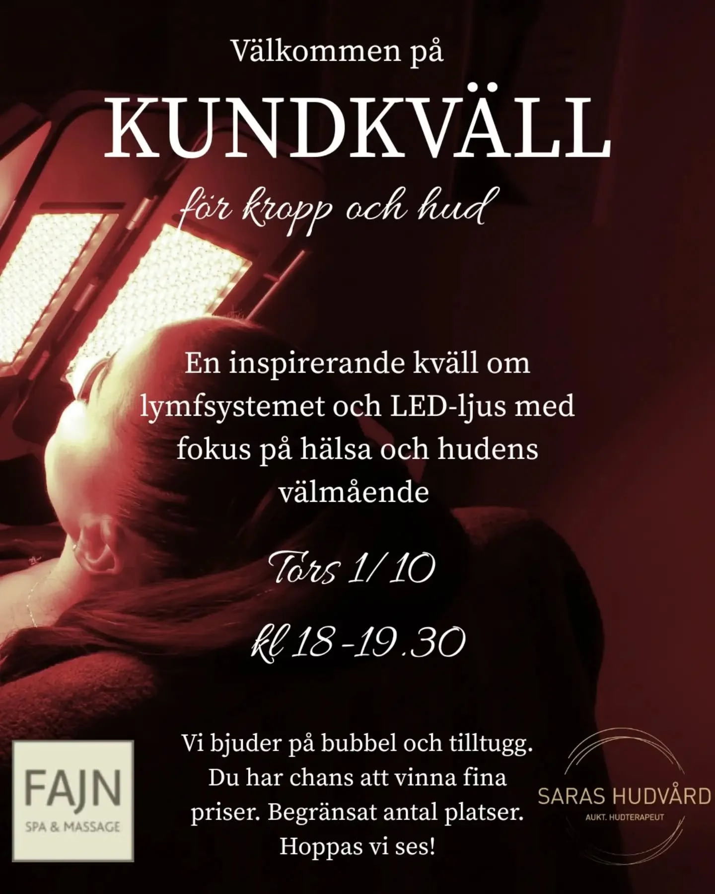 Vi bjuder in till kundkv&auml;ll! Detta vill ni inte missa!

Saras hudv&aring;rd och FAJN Spa &amp; massage leder kv&auml;llen genom hudens och kroppens v&auml;lm&aring;ende.

🌈Vi f&aring;r bes&ouml;k fr&aring;n @dermaluxled.se
som g&aring;r igenom 