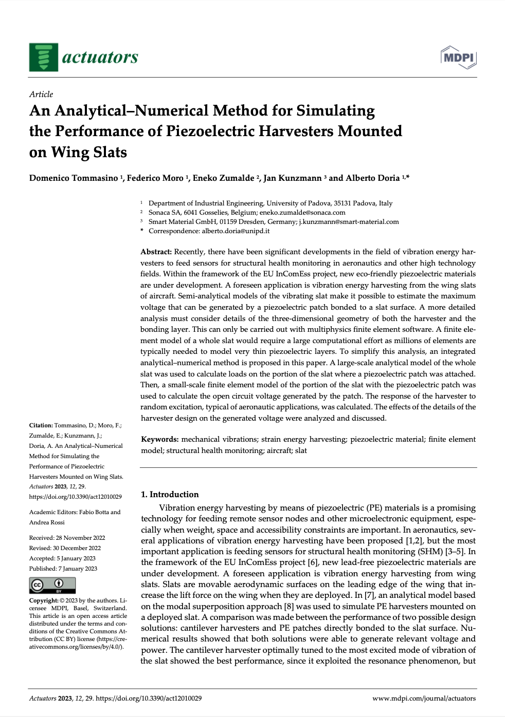 An Analytical–Numerical Method for Simulating the Performance of Piezoelectric Harvesters Mounted on Wing Slats