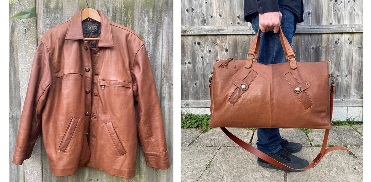 Tan leather jacket transformed into a holdall