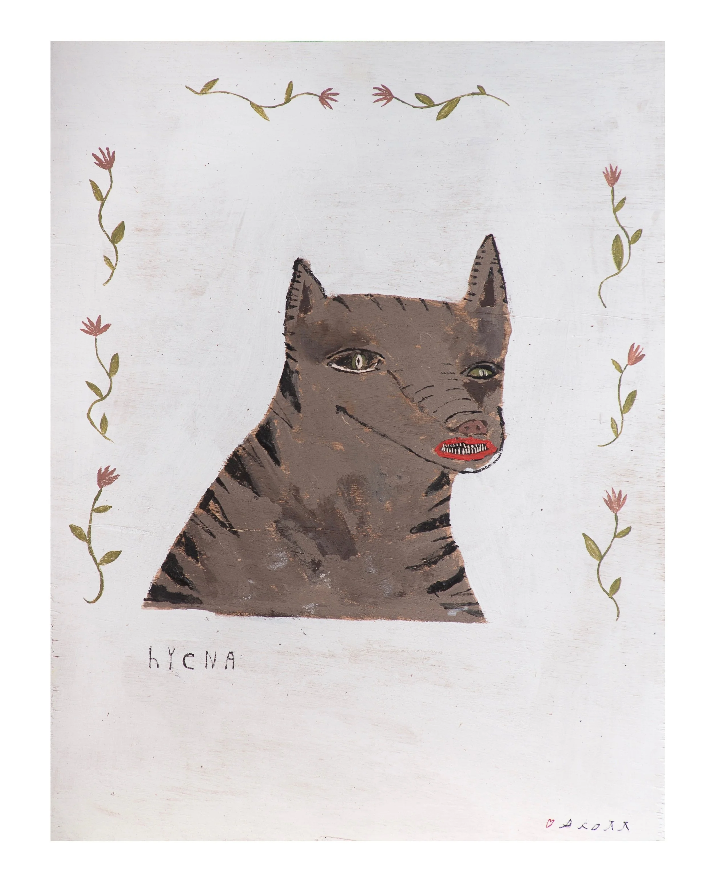 Scott Ackerman, Hyena, 18.5” x 15", acrylic on wood, 2023

