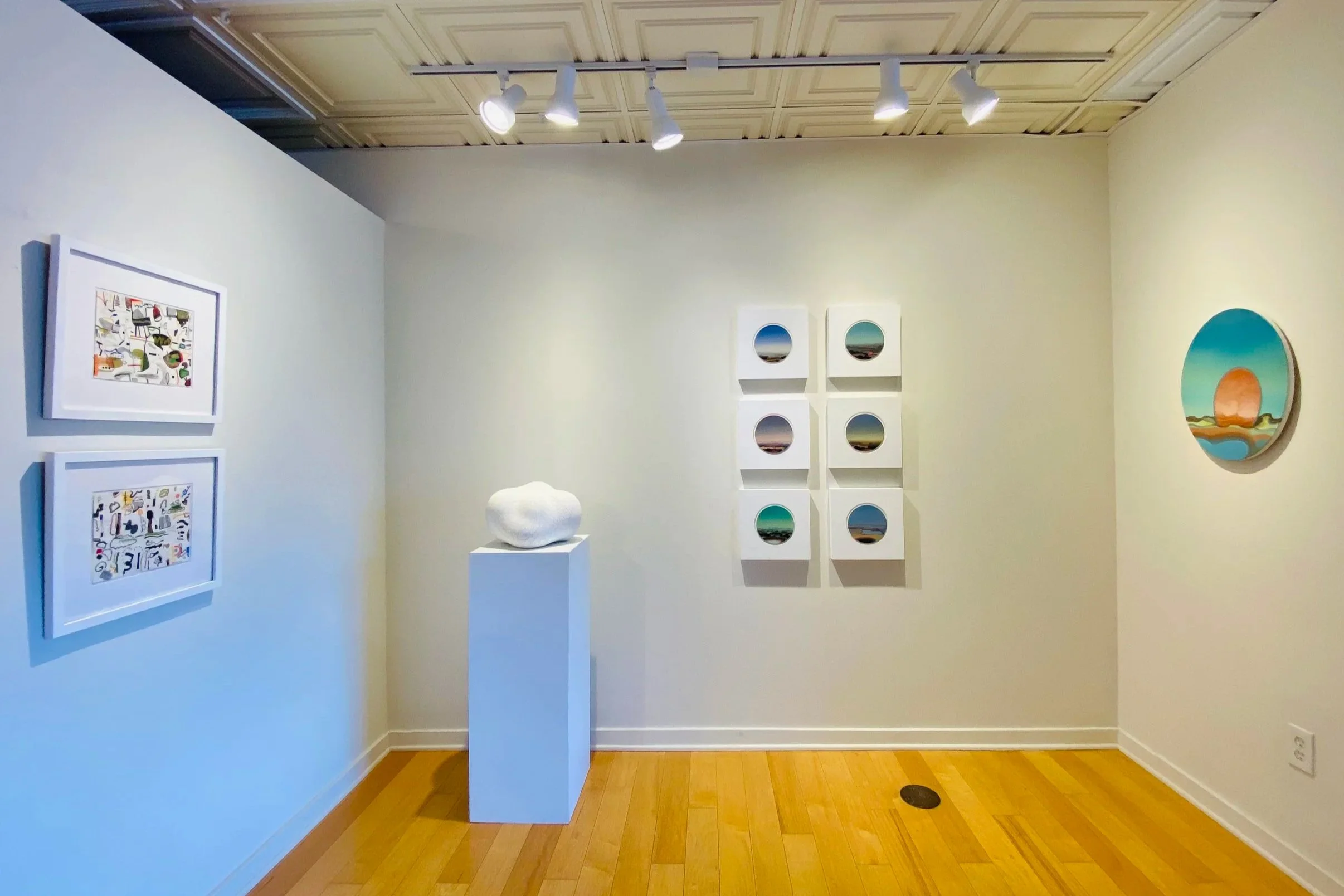 Partial installation view of SUMMER EDITION. Drawings by John McLaughlin, ceramic sculpture by Nadia Stieglitz and paintings by Jeff Quinn. 