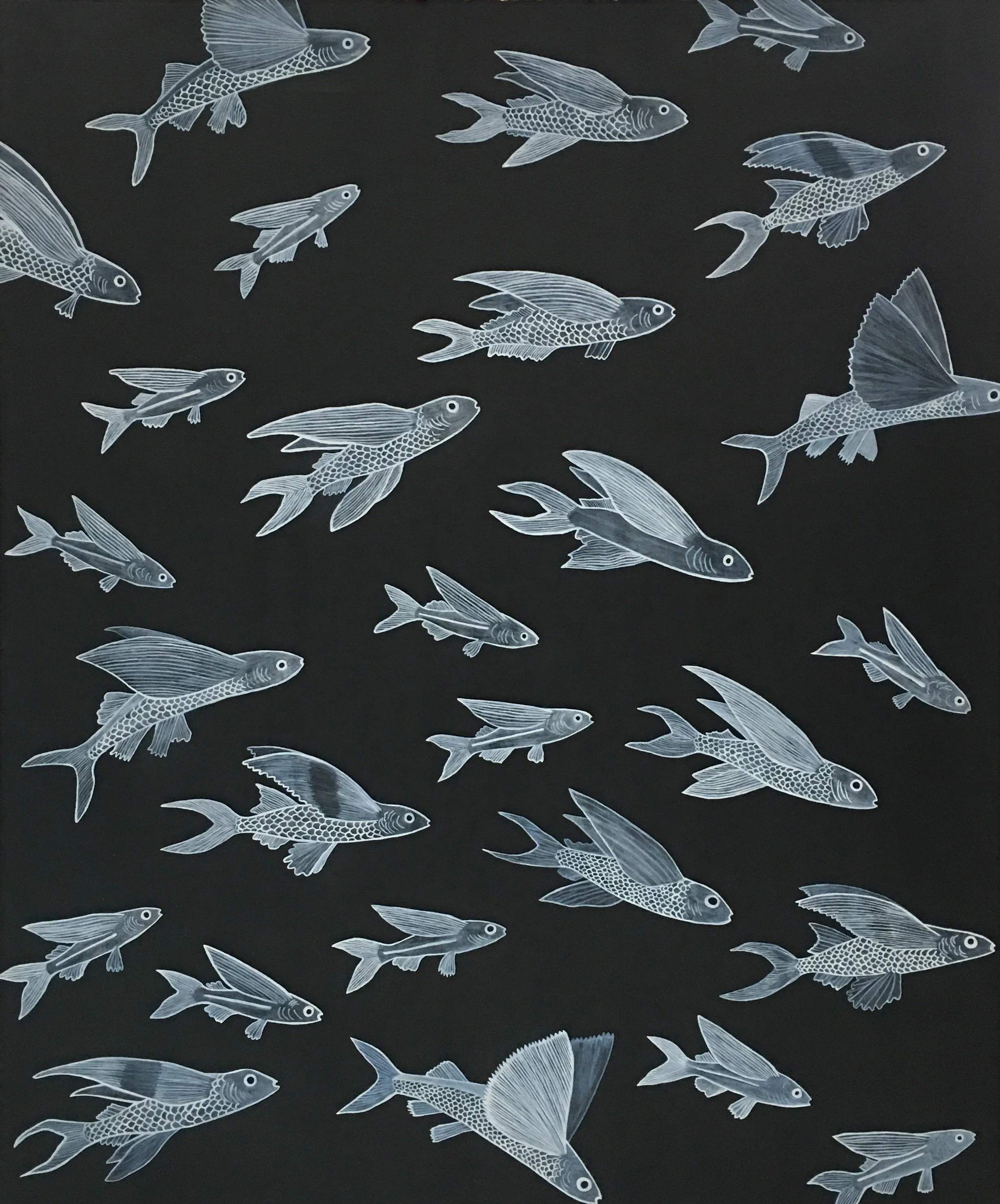 Sylvia Taylor, Flying Fish, 30” x 26" (framed size), mixed media (drawing and painting), 2025