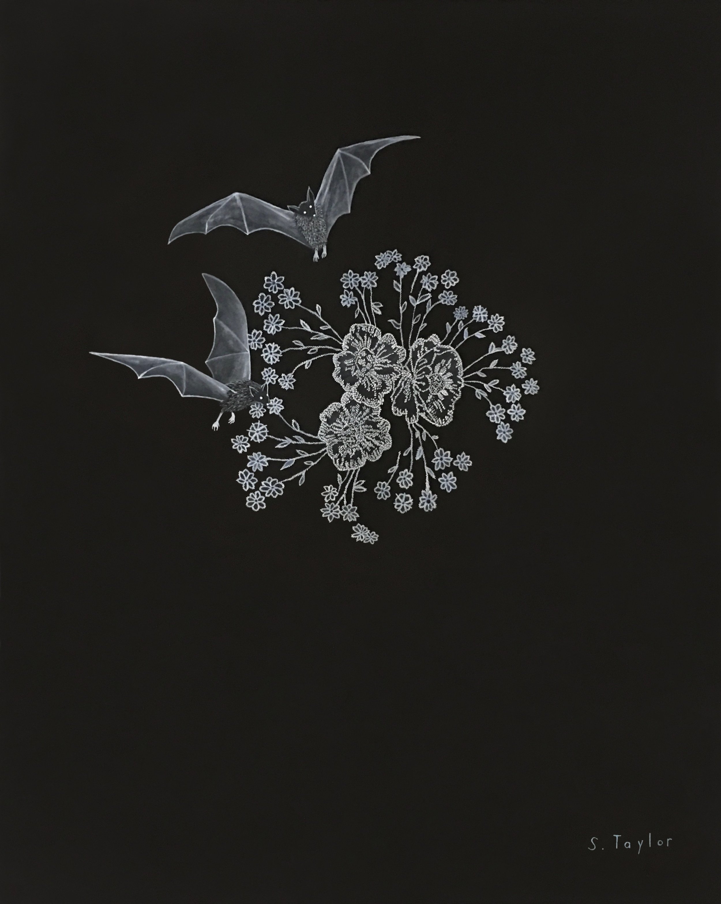 Sylvia Taylor, Embroidery Bats, 30" x 26" (framed size), drawing and painting on paper, 2025