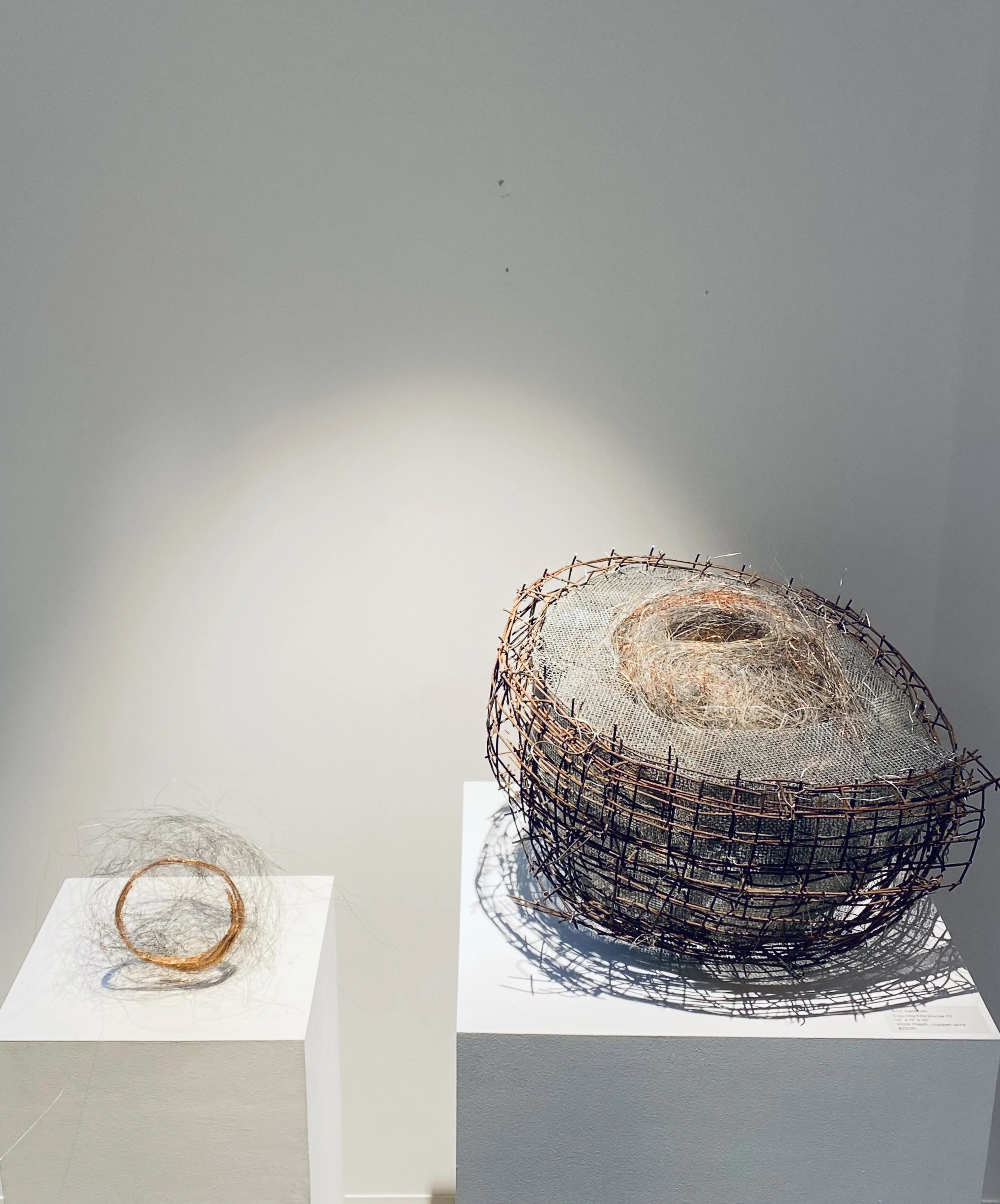 Ann Reichlin, Gesture 01, 6" x 6" x 9", wire and Counterclockwise 01, 14” x 11” x 10”, wire mesh, copper wire 
