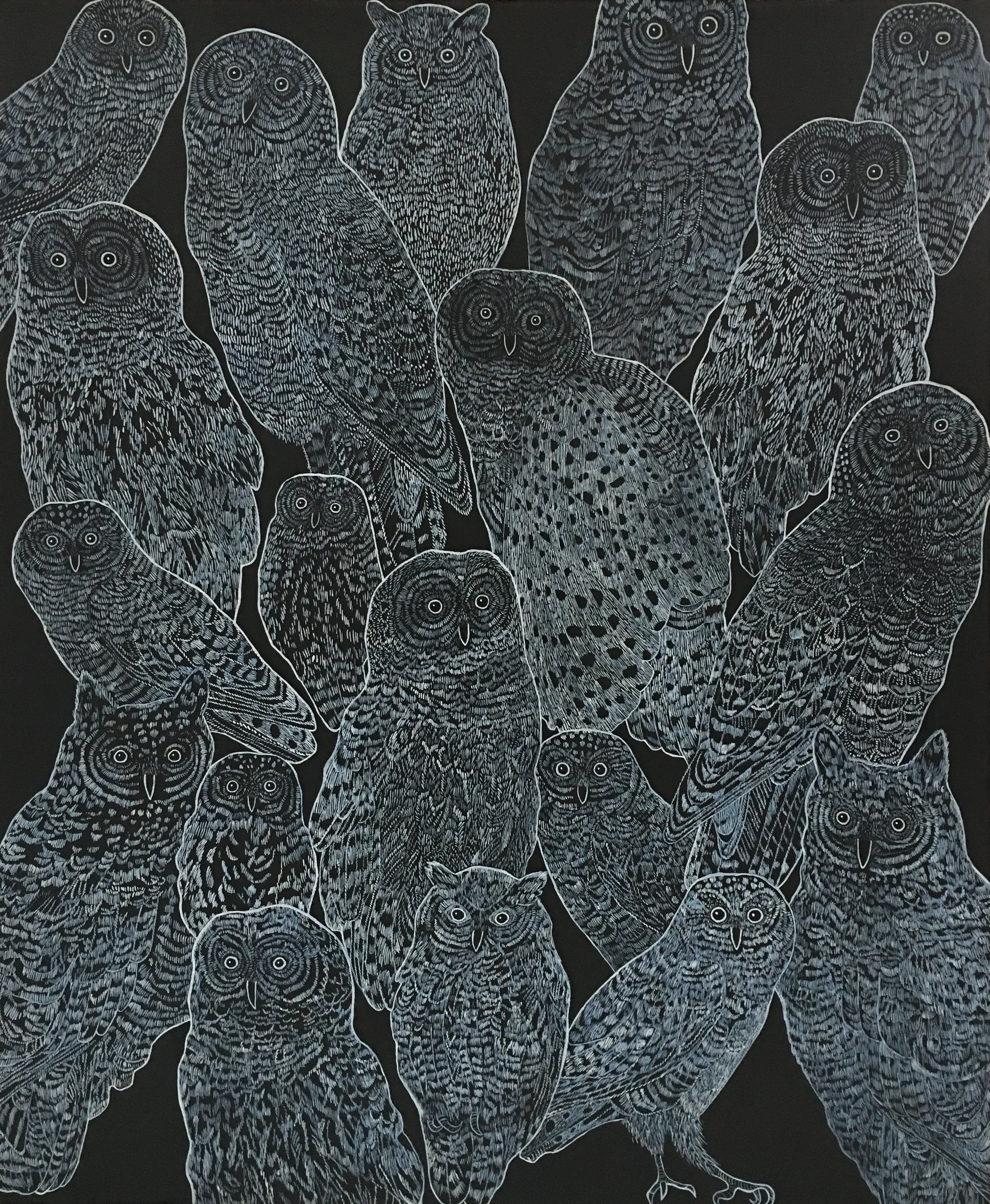 Sylvia Taylor, Owls, 30” x 26" (framed size), mixed media (drawing and painting), 2025