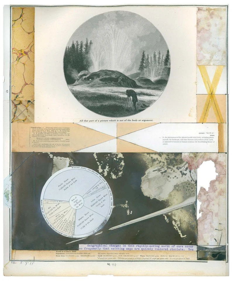 Todd Bartel, All That Part of a Picture Which is Not of the Body or Argument, 16 1/4 x 13 1/2 inches, burnished, interlocking collage, 19th-century papers, end pages, photo-transfers on end pages, Mimeograph, improperly exposed/fixed photo remnants,