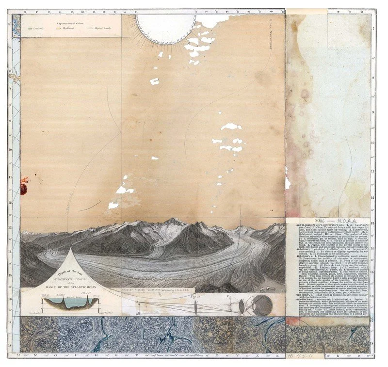 Todd Bartel, Sublime Climate, 13 1/4 x 12 1/2 inches, burnished, interlocking collage, 19th-century papers, end pages, book engravings, dictionary definitions, photo-transfers on end pages, map graticules, yes glue, archival document repair tape, and