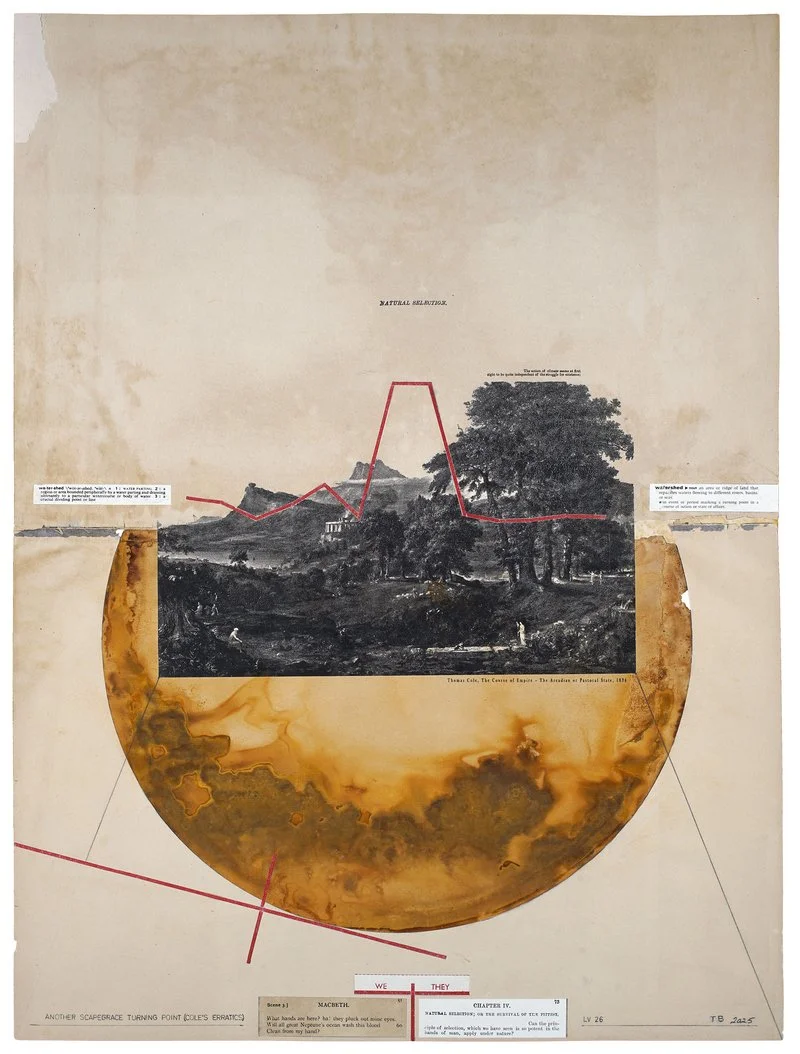 Todd Bartel, Another Scapegrace Turning Point (Cole’s Erratics), 22.375 x 16.625 inches, interlocking collage; recto: rust transfer on joined 19th-century end pages, inserted xerographic faux engraving of Thomas Cole’s 1836, The Course of Empire—The