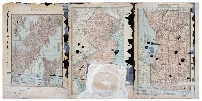 Todd Bartel, Magnificent Desolation, 19.875 x 40.5 inches, burnished interlocking collage; verso: India Ink, pen, pencil and xerographic transfer on maps, document repair tape; artist-made frame, 2023-24
LV 24 verso
