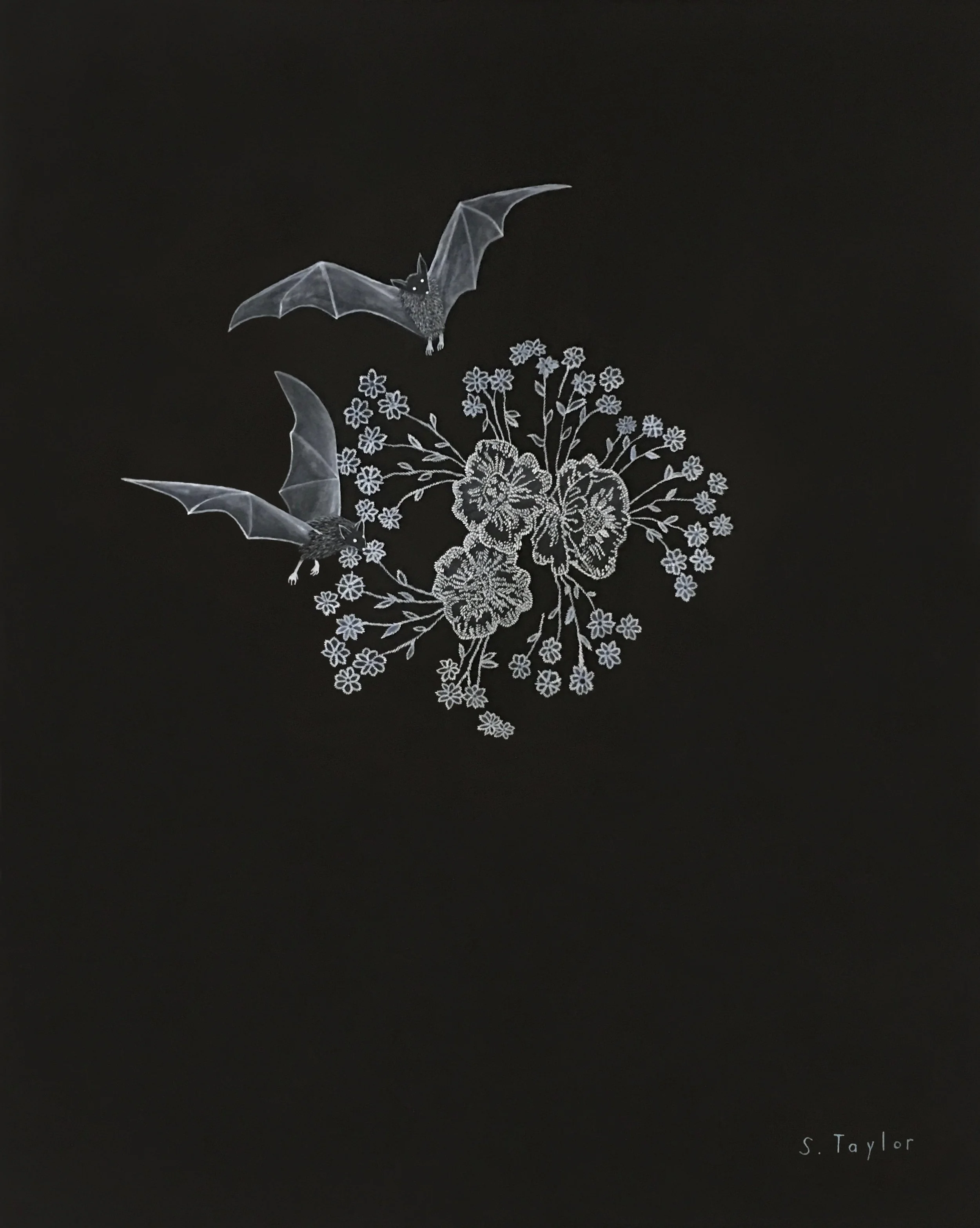 Sylvia Taylor, Embroidery Bats, 31” x 25 ½”, 
ink, paint and collage on paper, 2025
