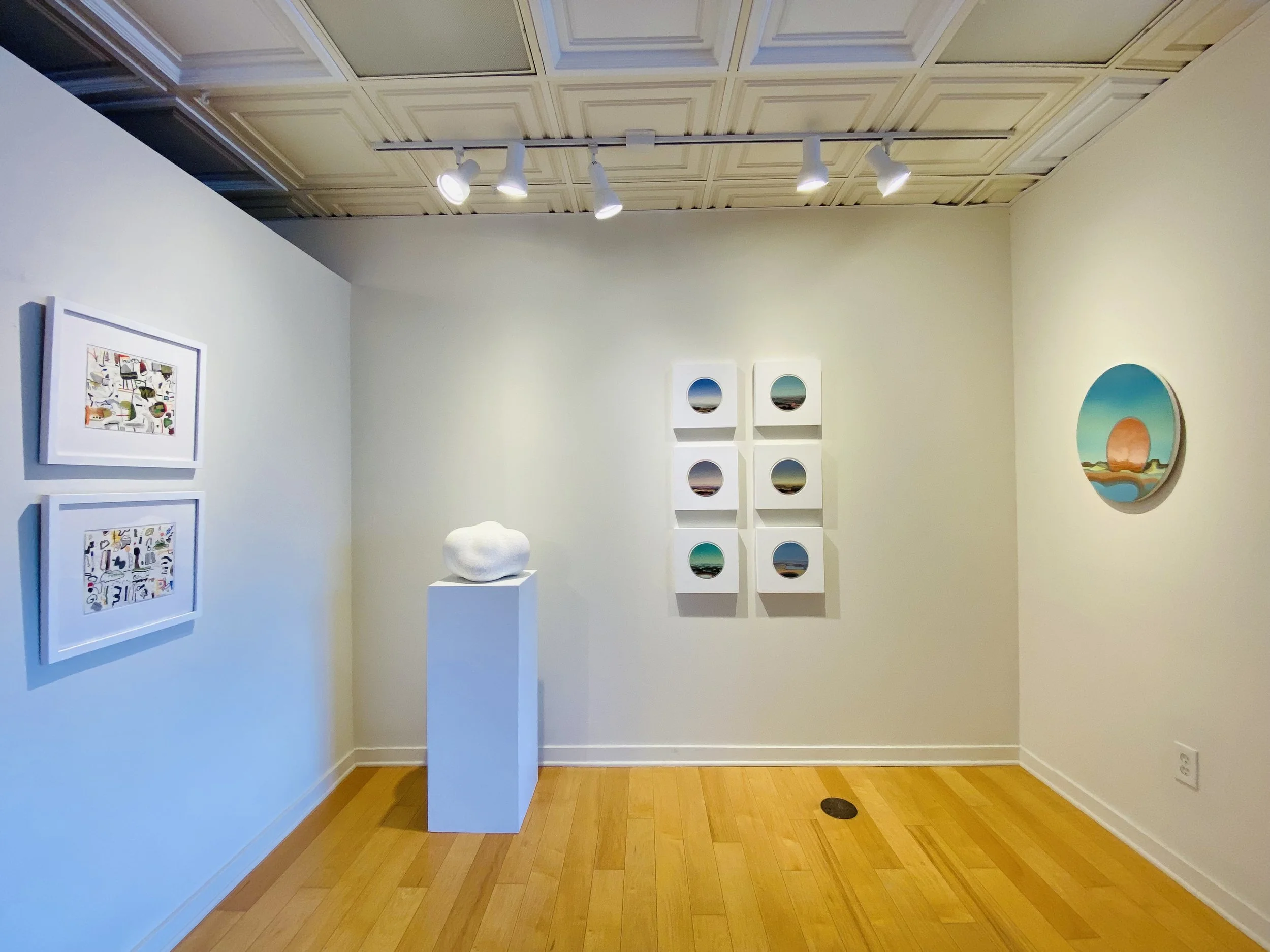 Partial installation view of SUMMER EDITION. Drawings by John McLaughlin, ceramic sculpture by Nadia Stieglitz and paintings by Jeff Quinn. 