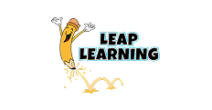 Logo for Leap Learning med en tegneserieaktig blyant som hopper