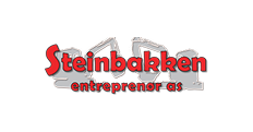 Logo med teksten "Steinbakken entreprenør AS" i rødt og hvitt på svart bakgrunn.