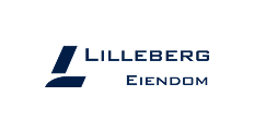 Logo av Lilleberg Eiendom med blå tekst og grafisk element