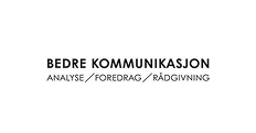 Tekst på hvit bakgrunn som sier 'BEDRE KOMMUNIKASJON' med undertekst 'ANALYSE / FOREDRAG / RÅDGIVNING'