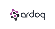 Logo med navnet 'ardoq' og en grafisk abstrakt form i lilla og grå