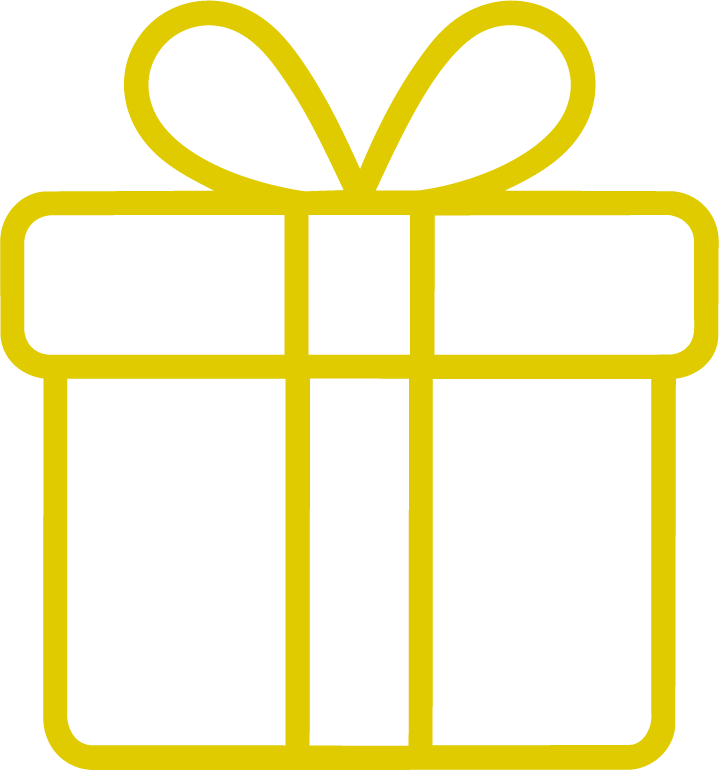 Outline of a gift box with a bow on top, yellow lines on a black background.