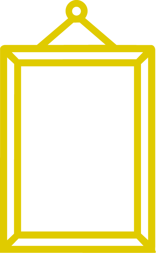 Yellow outline of a picture frame or sign with a hanging loop at the top.
