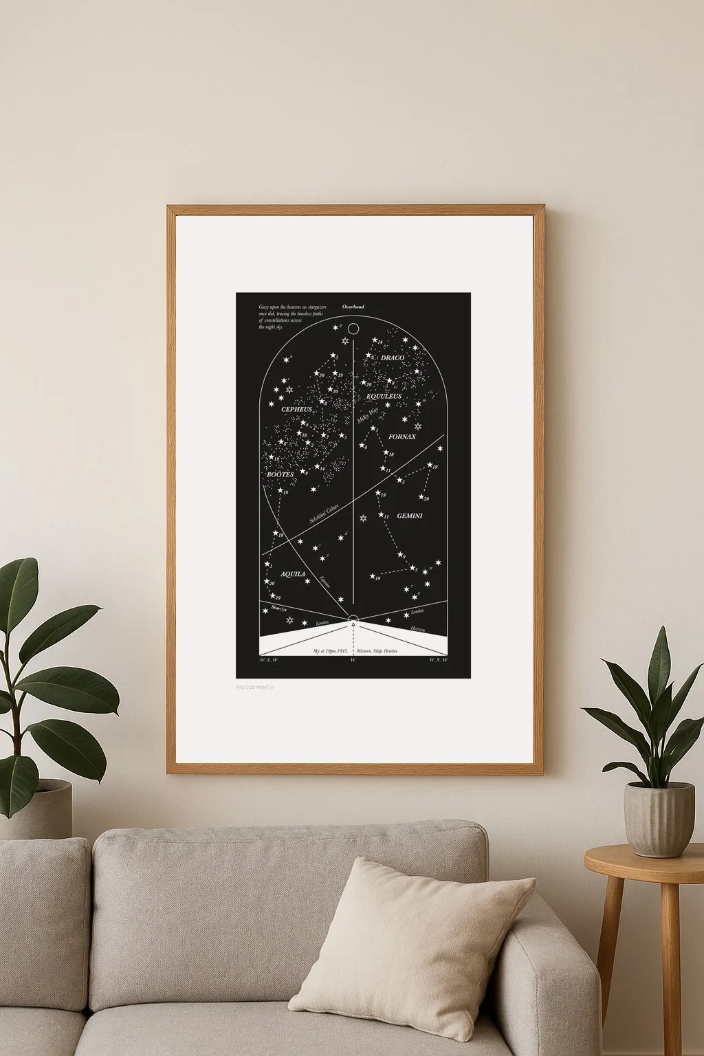 Star chart poster in a wooden frame hanging on a white wall above a beige sofa with a beige cushion and boxes of green plants on either side.