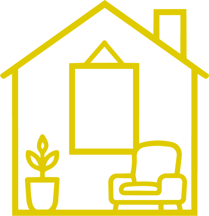 A simple yellow line drawing of a house interior with a potted plant, a window, a chair, and a picture frame.