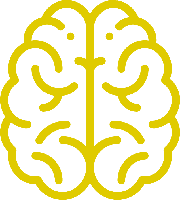 Stylized yellow outline of a human brain on a black background.