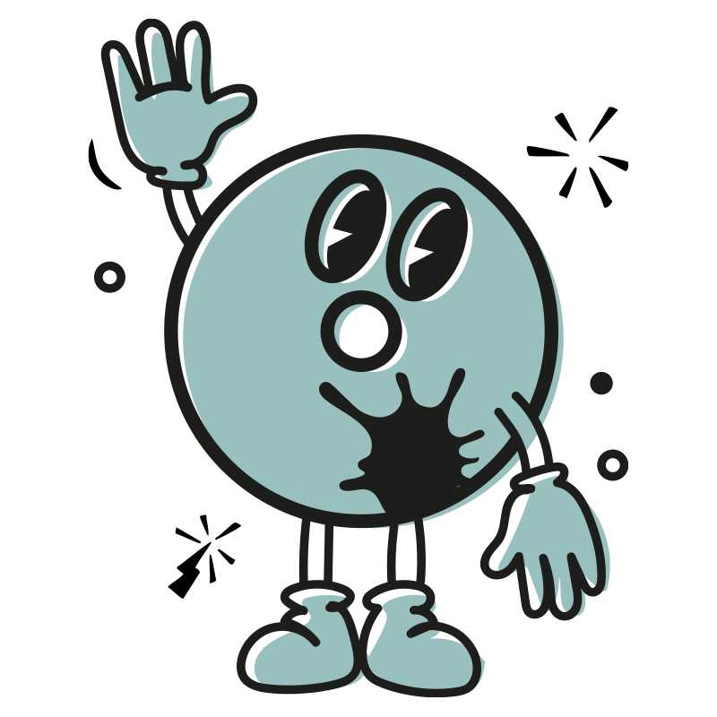 Cartoon character with a round face, large oval eyes, a small oval mouth, wearing gloves and shoes, waving with one hand.