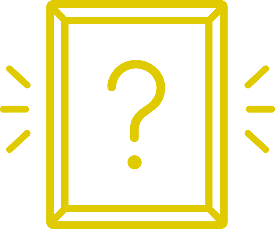 A black background with a yellow rectangular frame and a large yellow question mark in the center, with yellow lines radiating outward.