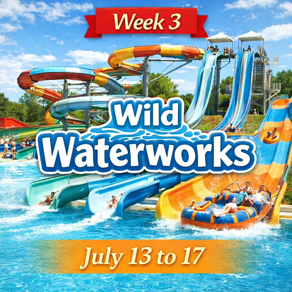 Week 3 summer camp runs July 13–17 featuring an exciting trip to Wild Waterworks in Hamilton with water slides, splash areas, and full-day summer fun.
