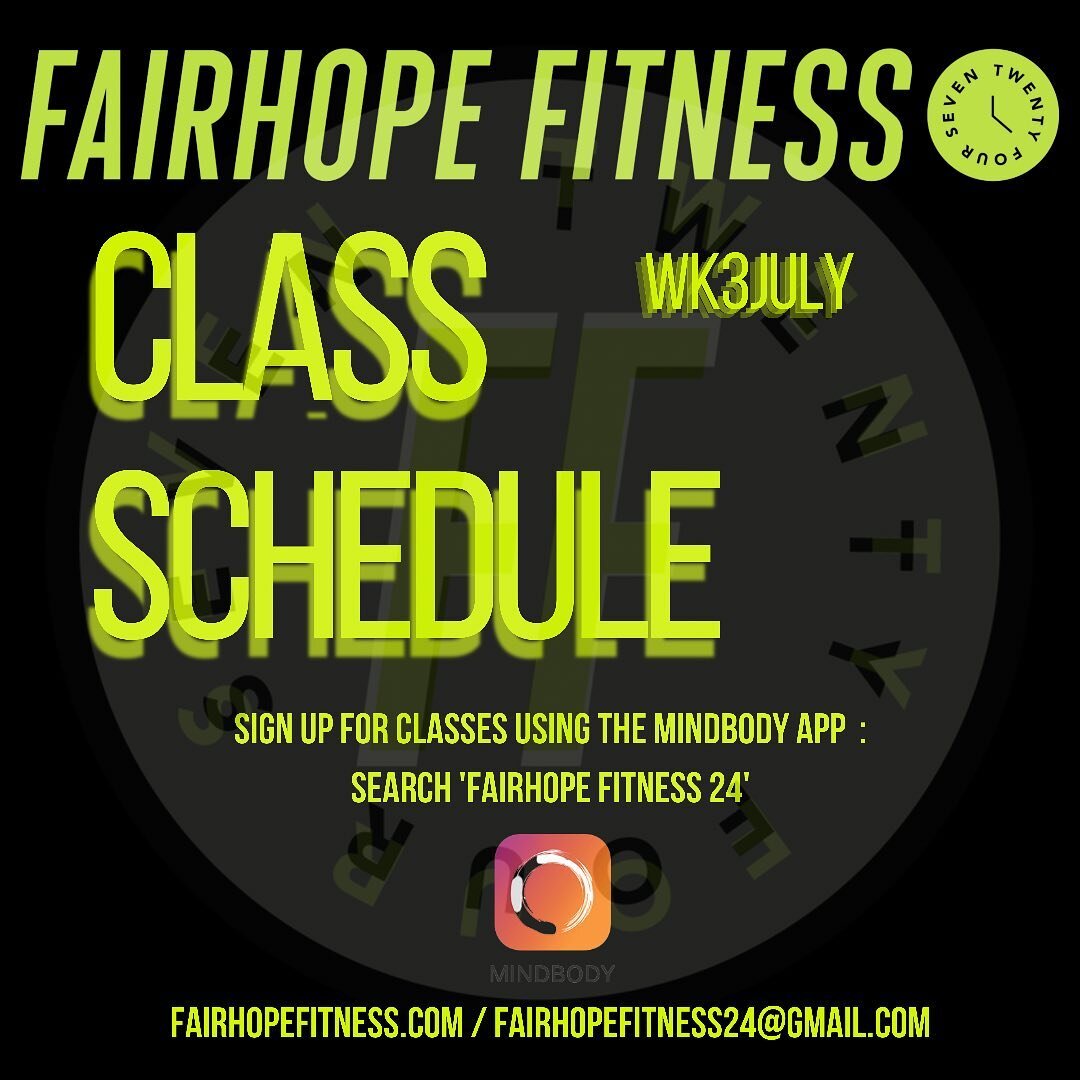 \JULY WK 3 SCHEDULE/
Drop in &bull; Bring a friend &bull; Sweat in an open air flow space &bull; 
___________________
Fairhopefitness.com/classschedule to view and book! 
(Link in bio) 

OR 

. Book your spot using Mindbody app 
: 
search - Fairhope 