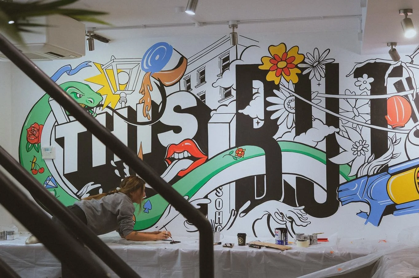 CREATE LONDON 💥
Some WIP shots of the mural I created for @create.london 
kindly captured by @alexrv92 
Showing me very much at home with my socks, coffee and messy paint station 🎨
Thnx to @blankwalls__ crew & @roarartists