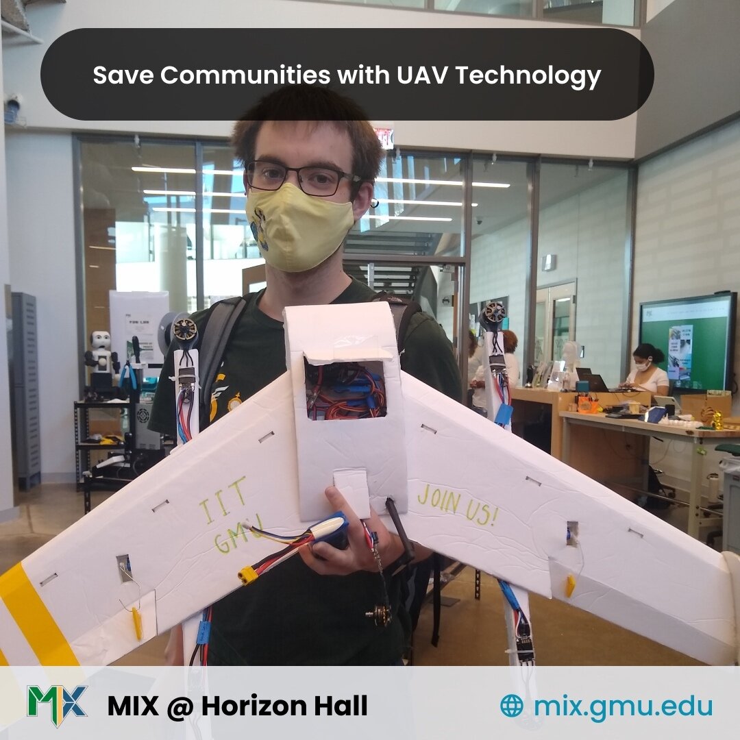 Dylan, the President of @gmu.iit, holds up the team's VTOL Unmanned Arial Vehicle (UAV), capable of vertical takeoff and landing. The UAV will scan forests at risk of burning down for fires with a FLIR infrared camera. This way, forest fires can be d