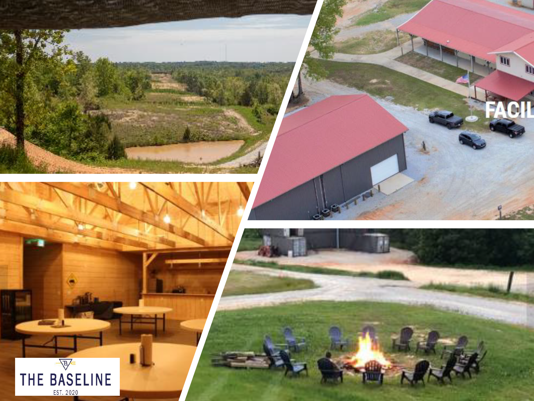 Collage featuring a scenic landscape with trees and ponds, buildings with red roofs, a wooden interior event space, and an outdoor fire pit with chairs. Text reads 'The Baseline Est. 2020.'