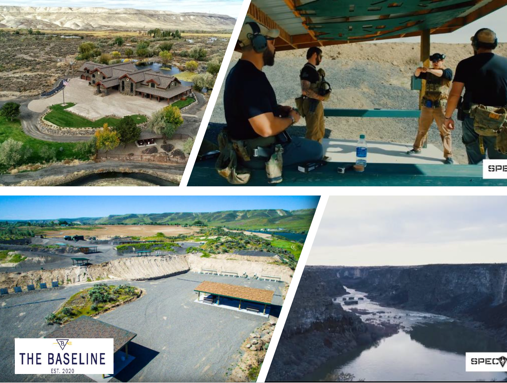 Collage with four images: Aerial view of a large house in a desert landscape; People practicing shooting at an outdoor range; A shooting range surrounded by hills; A river running through a canyon.