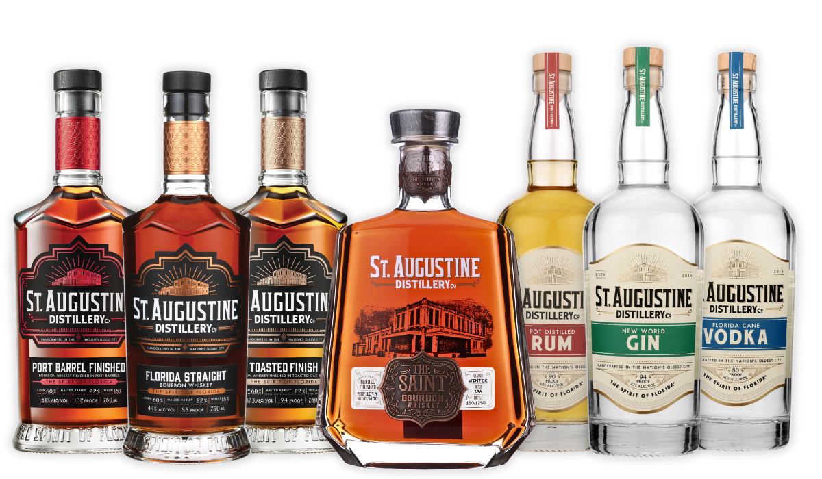 Group of St. Augustine Distillery spirit bottles | From left to right: Port Finished Bourbon, Florida Straight Bourbon, Toasted Finish Bourbon, The Saint Bourbon, Pot Distilled Rum, New World Gin, Florida Cane Vodka