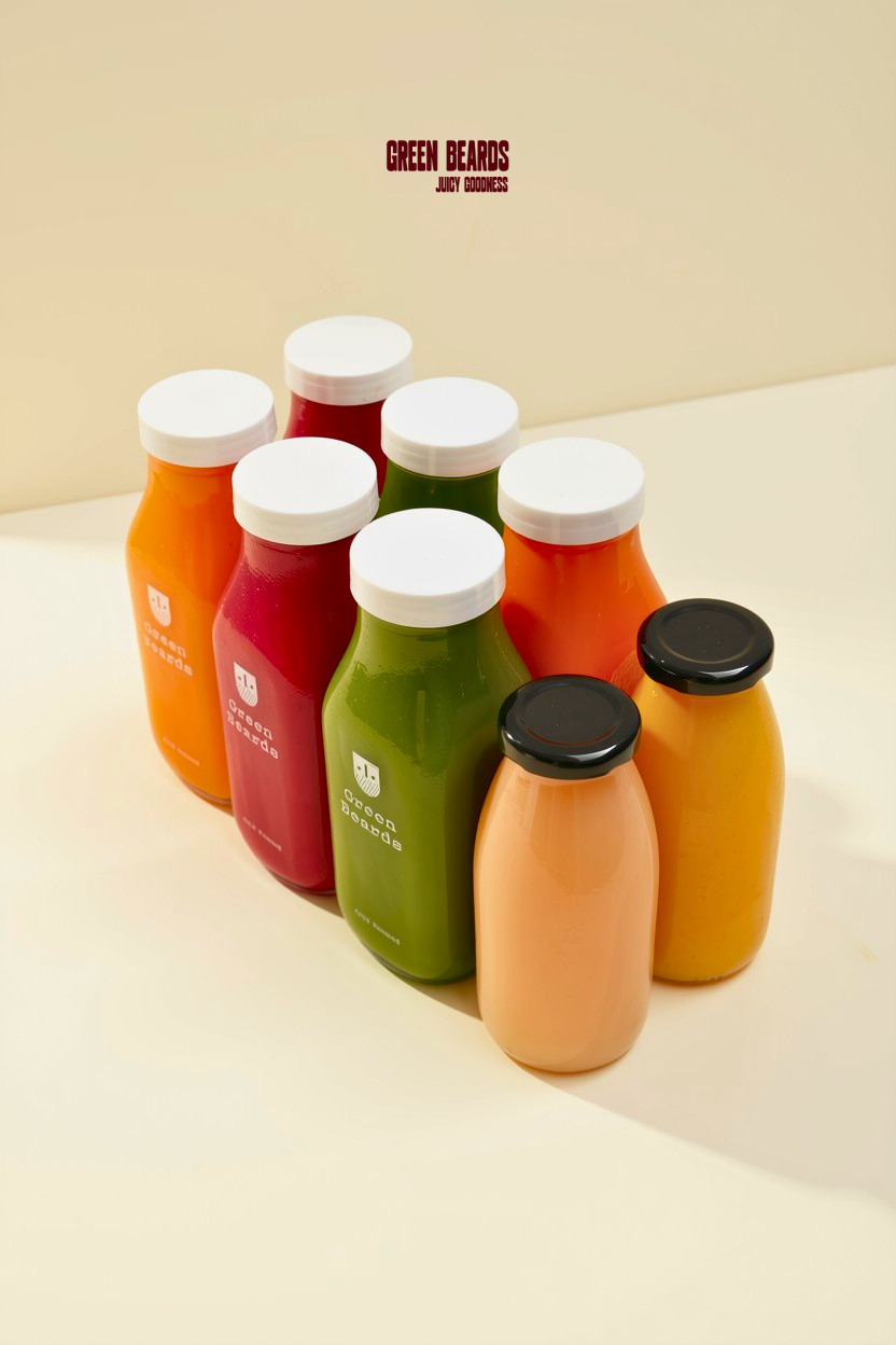 Green Beards raw cold-pressed juice pack featuring green juices, red beet juices, orange citrus, and wellness shots.