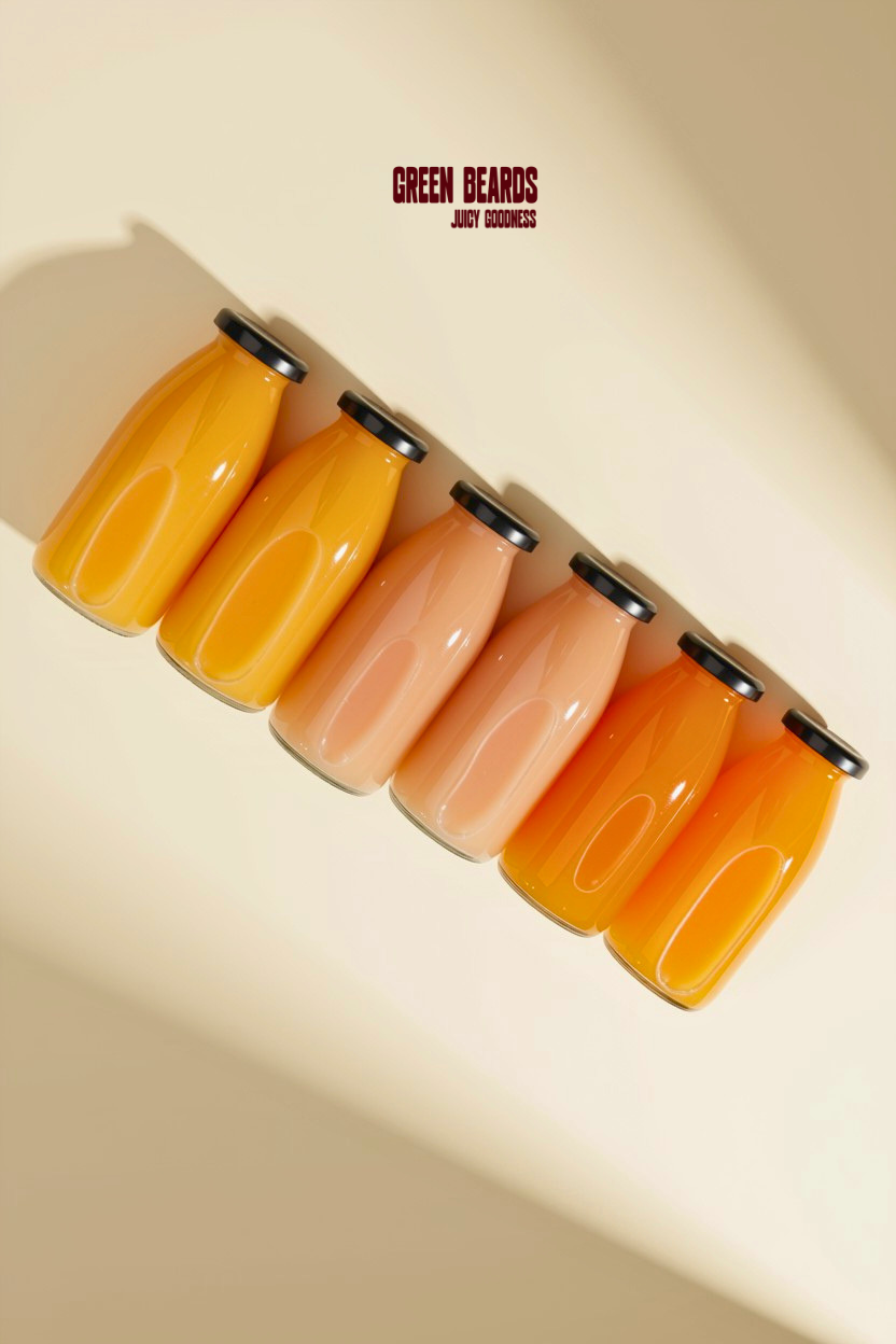 Green Beards cold-pressed shots pack of six glass bottles featuring raw ginger, turmeric, and citrus wellness shots in a diagonal row.