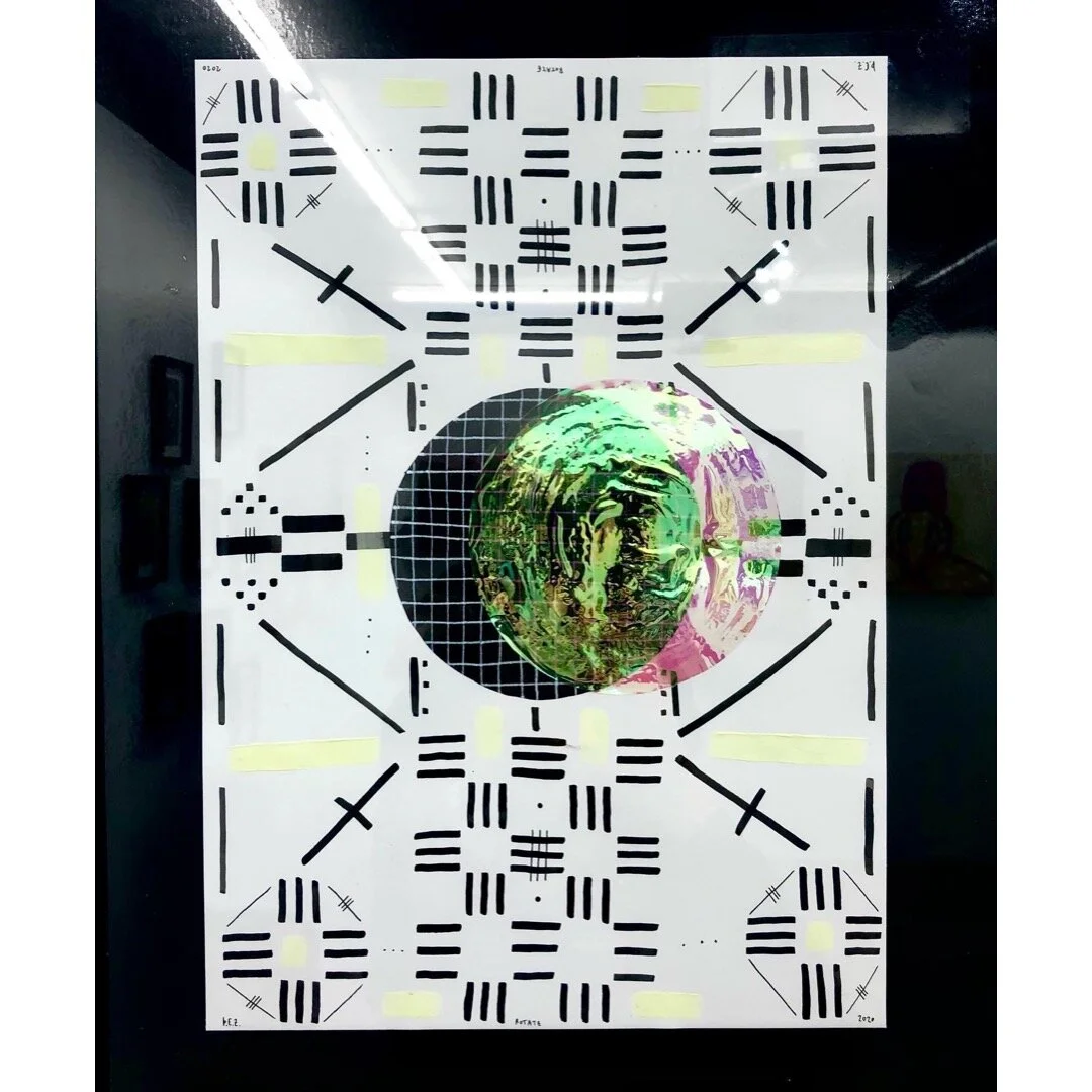 Rotate - 
40cm x 50cm, 
2020, 
Ink, pen, phosphorent paint and dichroic film on paper - 

85.000kr