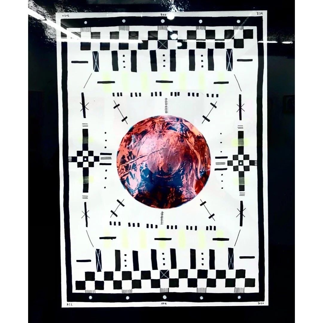 Globe - 
40cm x 50cm,
20209
Ink, pen, phosphorent paint and dichroic film on paper - 

85.000kr