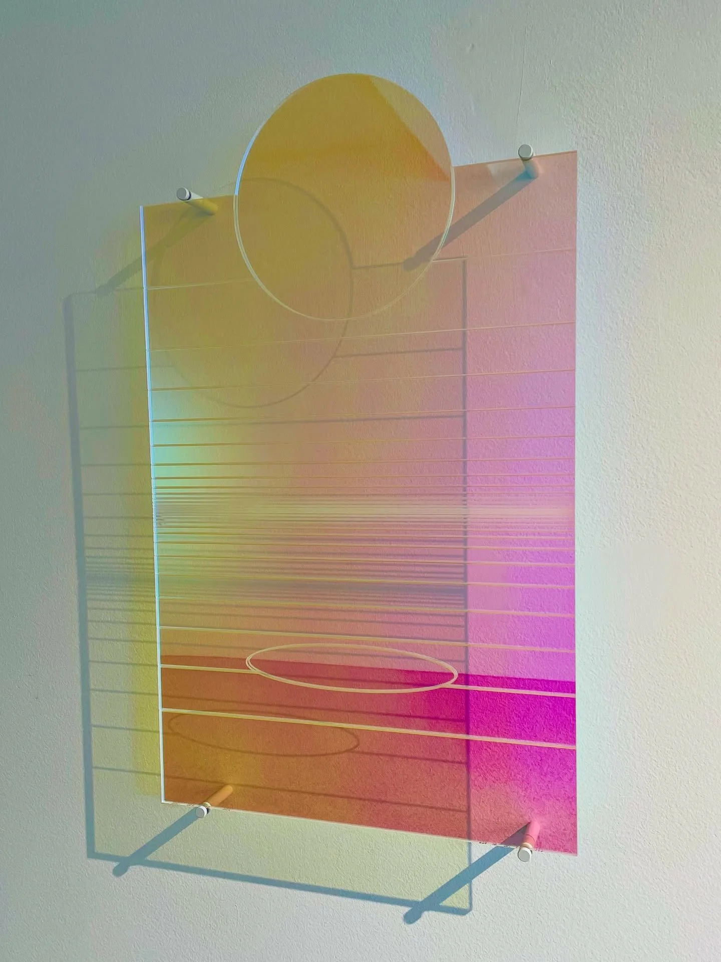Day In / Day Out I-V
2026
Lazer-etched acrylic glass, dichroic film, fastenings.

Part of Domestic Sci-fi @bergcontemporary
