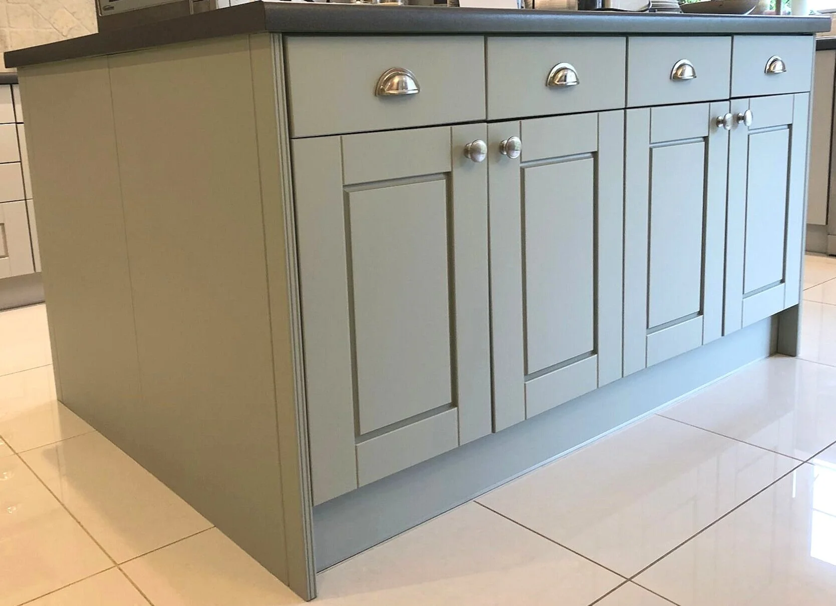 Kitchen island in oak, painted by hand in Farnham, Surrey