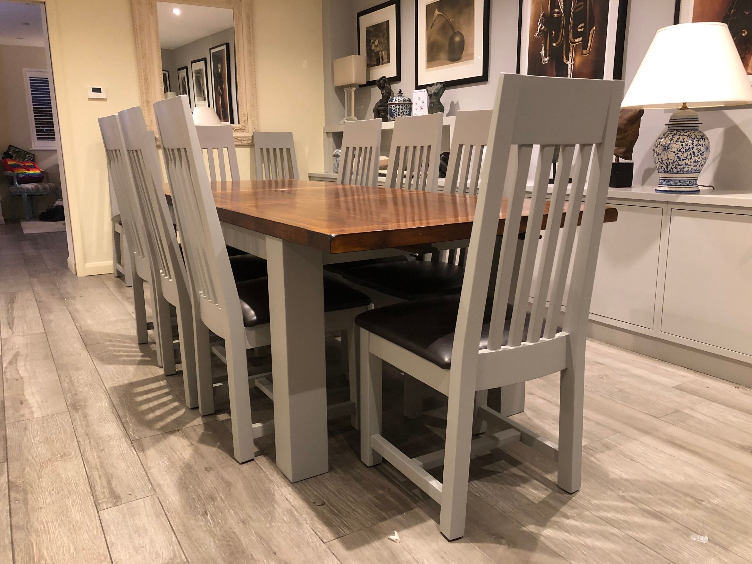 5a Dining table base and dining chairs in East Molsey, Surrey, hand painted in Farrow & Ball 'Plummet'.jpg